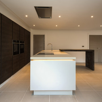 Gladstone Oak Tall units with Satin Grey Handleless island