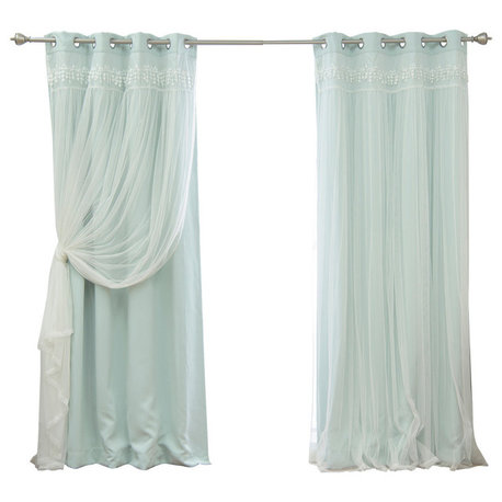 Lace Overlay Blackout Curtains, Mint, 84"