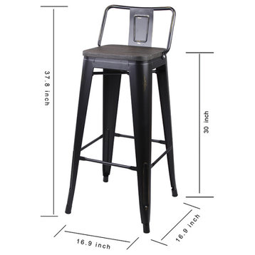 Black Low Back Metal Barstools With Wooden Seat, Set of 1