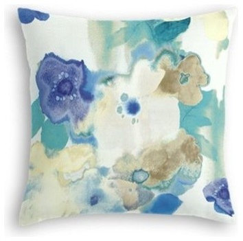Blue and Aqua Watercolor Floral Pillow, 14'' Square