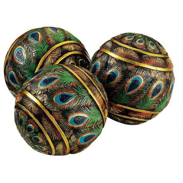 Peacock-Feathered Art Deco Decorative Accent Sphere Balls: Set of 3