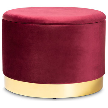 Marisa Glam and Luxe Red Velvet Fabric Upholstered Gold Finished Storage Ottoman