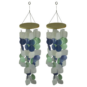 Blue Green and White Capiz Shell Wind Chime for Garden Patio Yard Set of 2