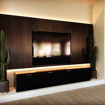 Modern Entertainment Center with Metal Backing and Built-in Cabinets