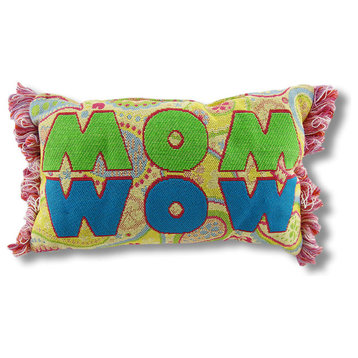 Yellow Paisley Woven Tapestry `Mom/Wow` Accent Pillow