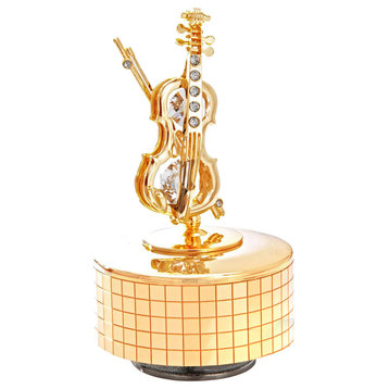 24K Gold Plated Wind Up Music Box With Crystal Studded Violin And Bow Figurine