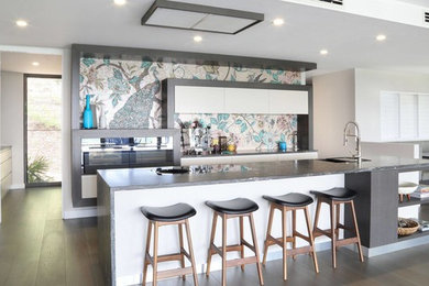 Mid-sized eclectic single-wall open plan kitchen in Brisbane with flat-panel cabinets, white cabinets, granite benchtops, multi-coloured splashback, mosaic tile splashback, stainless steel appliances, medium hardwood floors, with island and grey floor.