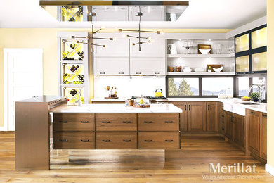 Moderne Küche in L-Form mit profilierten Schrankfronten, hellbraunen Holzschränken und Kücheninsel in Detroit