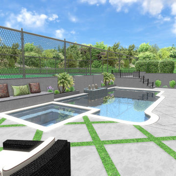 pool design with firepit and tennis courts