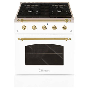 Classico Series 30" All Gas Freestanding Range, White With Brass Trim