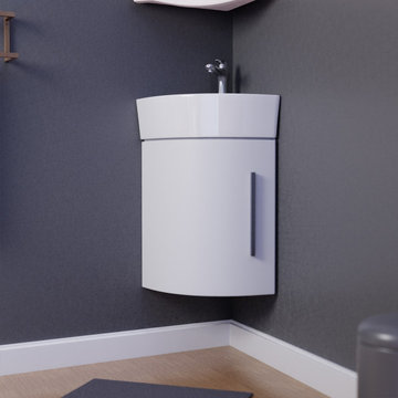 Corner Bathroom Cabinet Sink White Wall Mount With Faucet Drain and Overflow