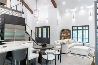 Inspiration for a mid-sized modern porcelain tile, gray floor and shiplap ceiling family room remodel in Orlando with white walls