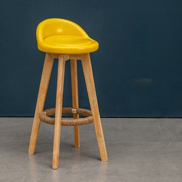 Retro-Styled Rotating High Bar Stool Made of Solid Wood, Yellow, Wax Oil Leather