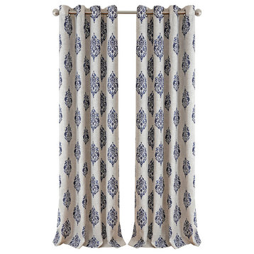 Navara Medallion Room Darkening Window Curtain, Navy, 52"x95"