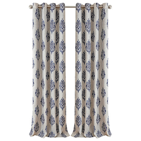 Navara Medallion Room Darkening Window Curtain, Navy, 52"x95"