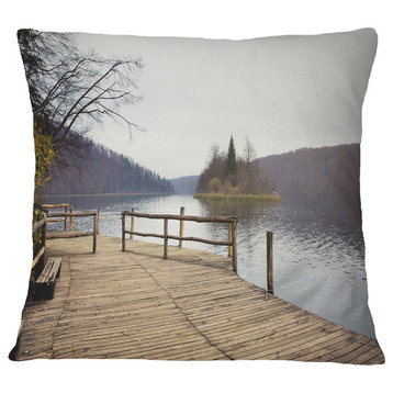 Plitvice Lakes Wooden Bridge Landscape Photo Throw Pillow, 18"x18"
