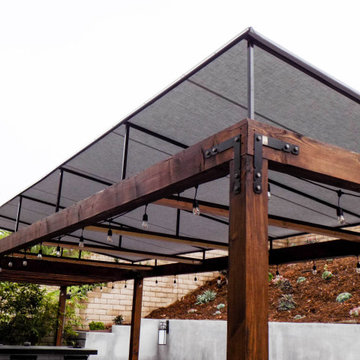 Sloped Trellis Awning Cover on Modern Rustic Patio in Lake Forest, California