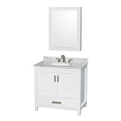 36 inch Single Bathroom Vanity in White, White Carrera Marble Countertop, Underm - Products