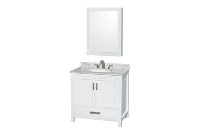 36 inch Single Bathroom Vanity in White, White Carrera Marble Countertop, Underm