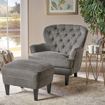 Contemporary Accent Chair With Ottoman, Padded Seat and Wide Tufted Back, Grey
