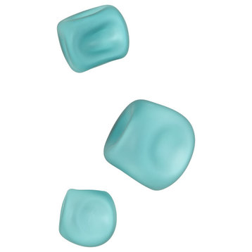 Luxe Turquoise Wall Cube Rock Sculptures Squares Frosted Aqua Blue, 3-Piece Set