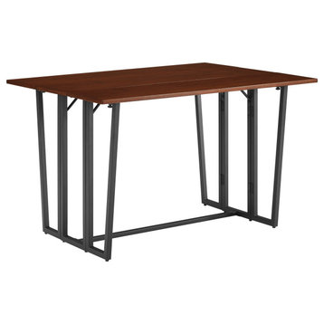 Modern Dining Table, Slanted Black Metal Base & Dual Drop Leaf Top, Dark Walnut