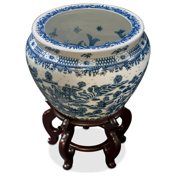 15 Inch Blue and White Porcelain Canton Scenery Oriental Fishbowl Planter, With Stand