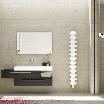 Modern brown and white bathroom with cube storage unit