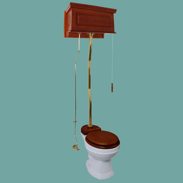 Mahogany High Tank Pull Chain Water Closet With White Round Bowl And Z-Pipe