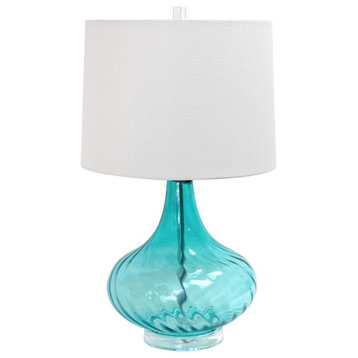 Glass Table Lamp with Fabric Shade, Light Blue