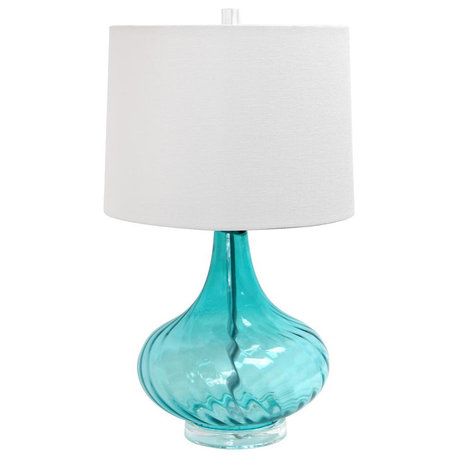 Glass Table Lamp with Fabric Shade, Light Blue