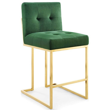 Elegant Counter Stool, Golden Base With Tufted Velvet Seat and Back, Emerald