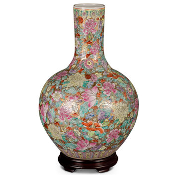 Hand Painted Imperial Canton Porcelain Chinese Floral Temple Vase, With Stand