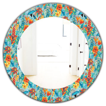 Tropical Pattern Bohemian Eclectic Frameless Round Wall Mirror, 32x32