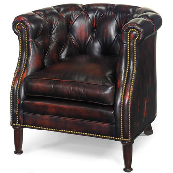 Accent Chair Tub Traditional Leather Spool Leg Wood Nailhead Tufted