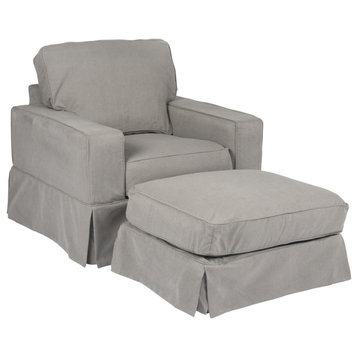 Americana Box Cushion Slipcovered Chair and Ottoman, Performance Fabric, Gray