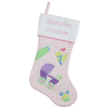 18.5" Pink White Checked "Baby's First Christmas" Stocking Fleece Cuff