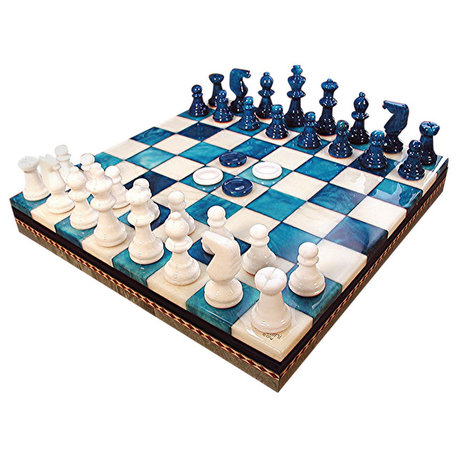 Blue and White Alabaster Inlaid Chest, Chess and Checkers Set
