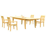 Teak Deals - 5-Piece Teak Dining Set: 122" X-Large Rectangle Table, 4 Mas Stacking Arm Chairs - Set includes: 122" Double Extension Rectangle Dining Table and 4 Stacking Arm Chairs.