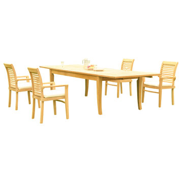 5-Piece Teak Dining Set: 122" X-Large Rectangle Table, 4 Mas Stacking Arm Chairs