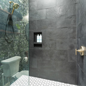Bold Floral Bathroom Remodel with Rustic Charm and Modern Touches