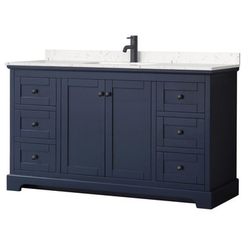 Avery 60" Single Vanity, Dark Blue, Carrara Cultured Marble Top, Black Trim