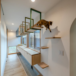 Ispirazione per un ingresso o corridoio nordico con pareti bianche e pavimento in compensato