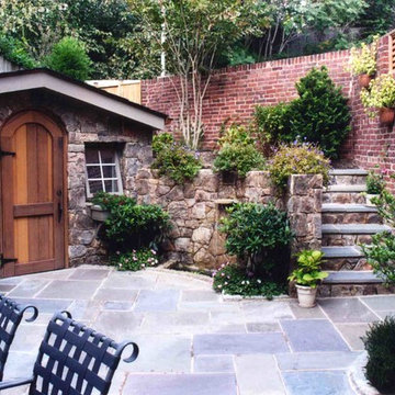 Stone Shed and Garage with Flagstone Patio