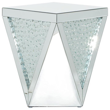 Glam End Table, Mirrored Design With Geometric Body & Faux Crystal Inlay, Silver