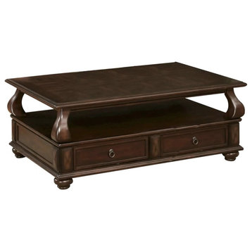 Classic Coffee Table, Bun Feet and Curved Accent With 2 Drawers, Espresso Walnut