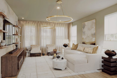 Living room - mid-sized contemporary medium tone wood floor and wallpaper living room idea in DC Metro with beige walls