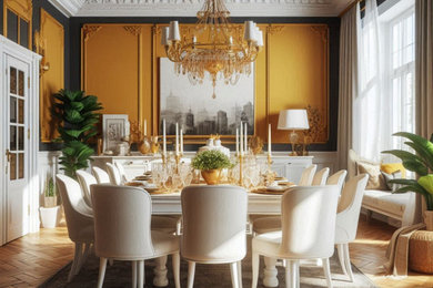 Idee per un'ampia sala da pranzo eclettica chiusa con pareti gialle, pavimento in legno massello medio, boiserie e pavimento marrone