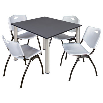 Kee 48" Square Breakroom Table- Grey/ Chrome & 4 'M' Stack Chairs- Grey
