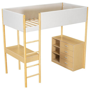 Modern Twin Loft Bed, Foldable Desk With Open Shelves, Storage Drawers, Natural